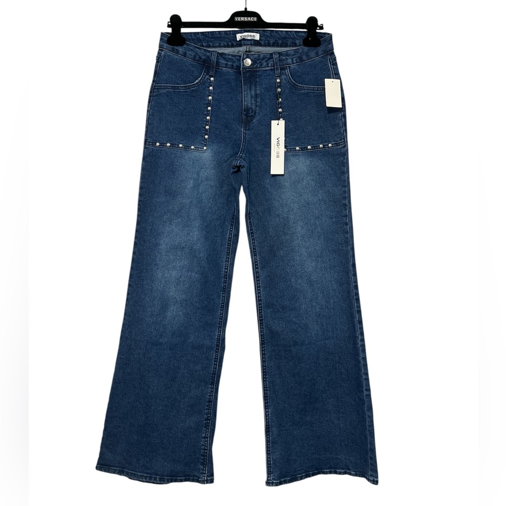 🆕 VIGOSS Wide Leg Studded Denim Rinse Jeans